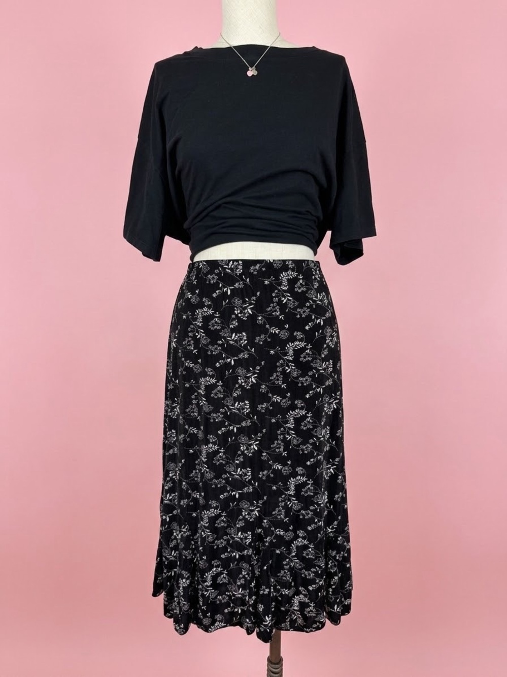 Dress Barn Black Floral Midi Skirt with Subtle White Print